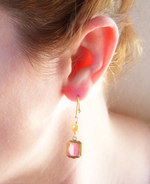 Gold Niobium Vintage Pink Kidney Wire Earrings
