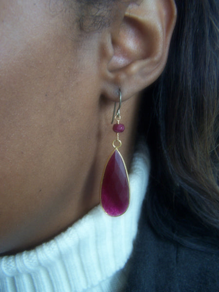Gold Niobium Ruby Red Pendant Earrings