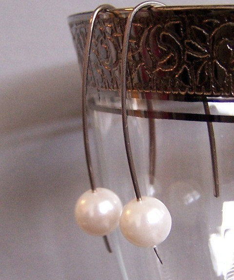 Titanium Earrings - Pearl Dangle Earrings - Wishbone Earrings - Hypoallergenic Earrings - Modern Earrings - Titanium Pearl Earrings