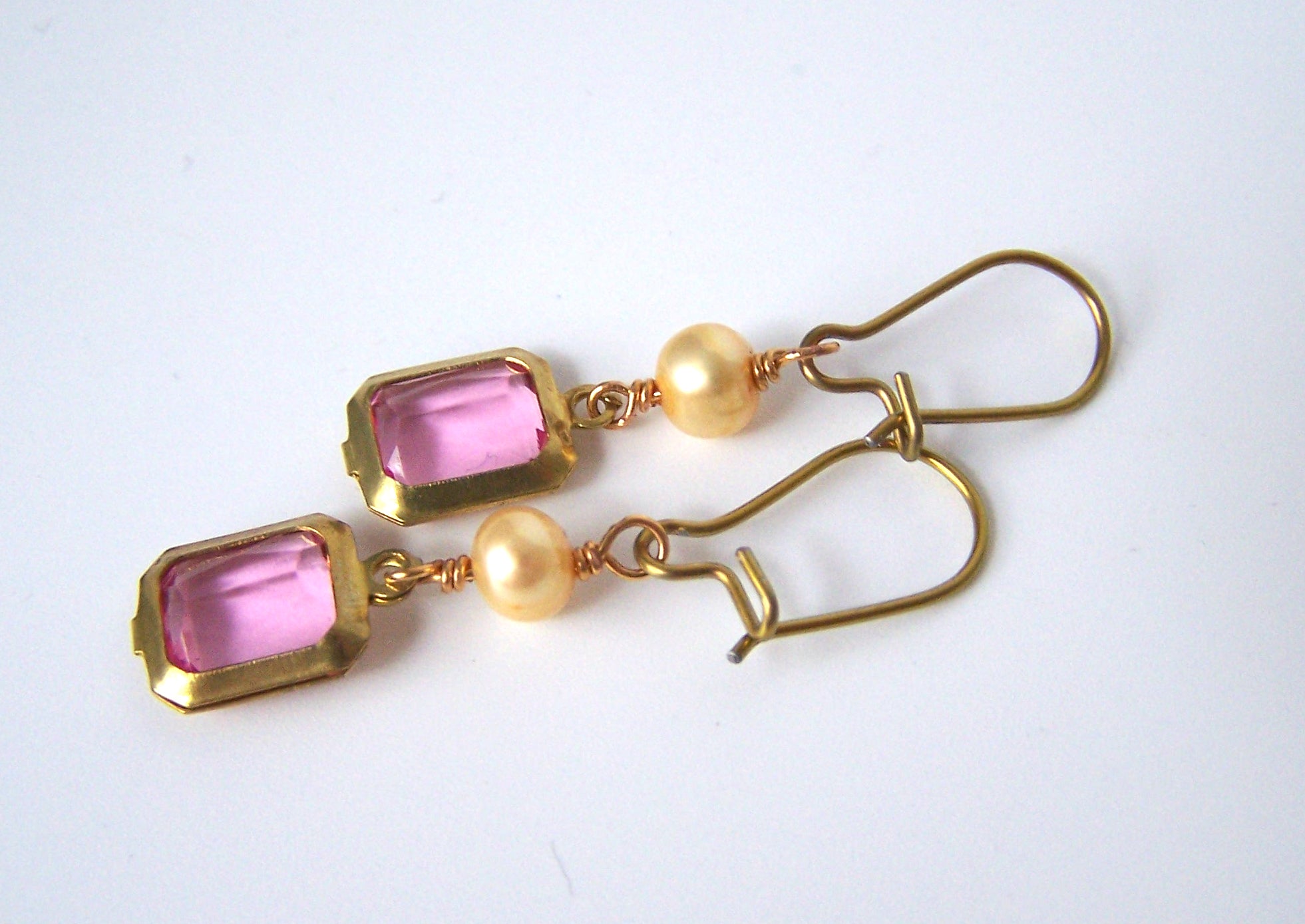 Gold Niobium Vintage Pink Kidney Wire Earrings